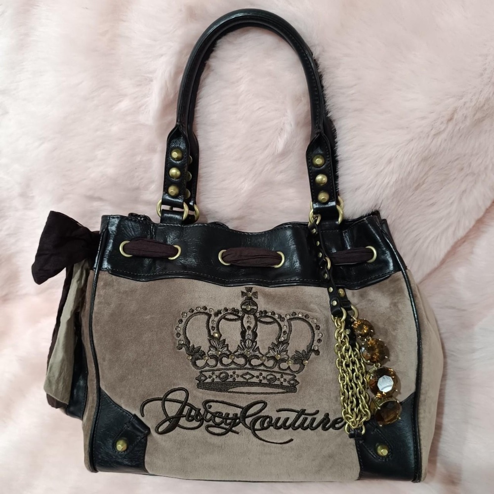 Juicy Couture Brown Crown Velour Bag Purse Daydreamer Vintage Bow Ribbon Charm